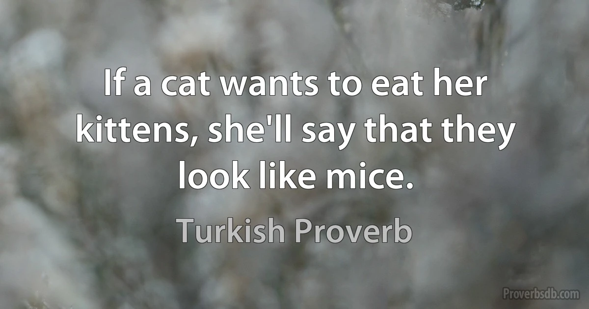 If a cat wants to eat her kittens, she'll say that they look like mice. (Turkish Proverb)