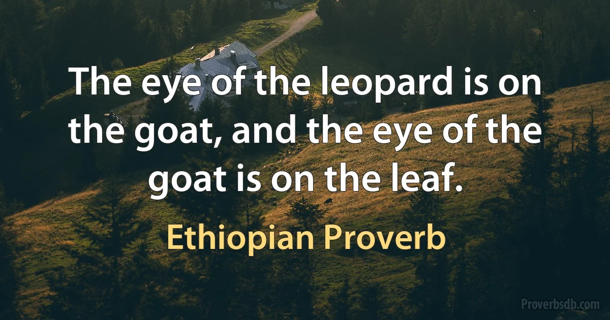 The eye of the leopard is on the goat, and the eye of the goat is on the leaf. (Ethiopian Proverb)