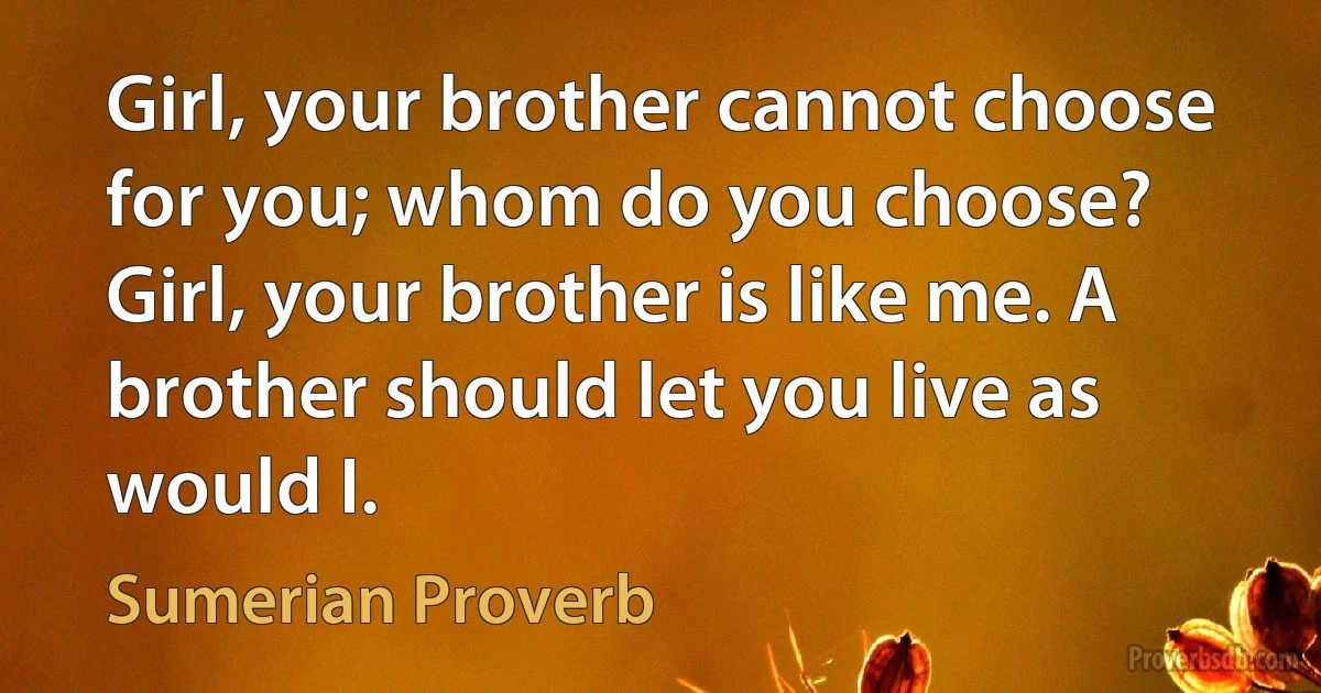 Girl, your brother cannot choose for you; whom do you choose?
Girl, your brother is like me. A brother should let you live as would I. (Sumerian Proverb)