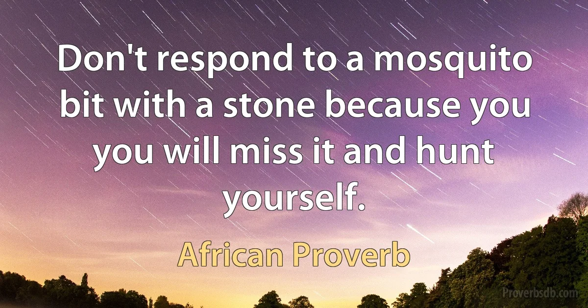 Don't respond to a mosquito bit with a stone because you you will miss it and hunt yourself. (African Proverb)