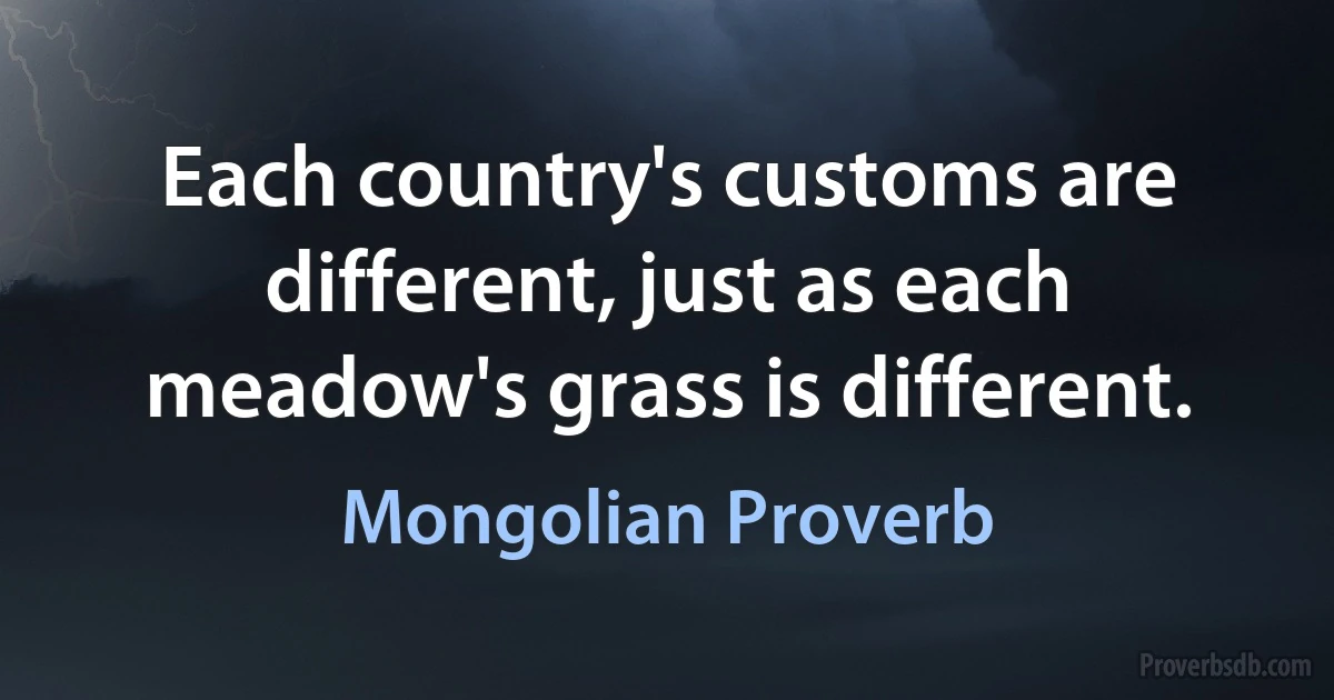 Each country's customs are different, just as each meadow's grass is different. (Mongolian Proverb)