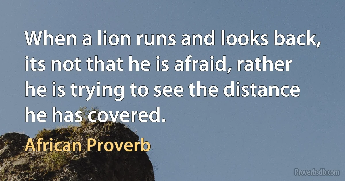 When a lion runs and looks back, its not that he is afraid, rather he is trying to see the distance he has covered. (African Proverb)