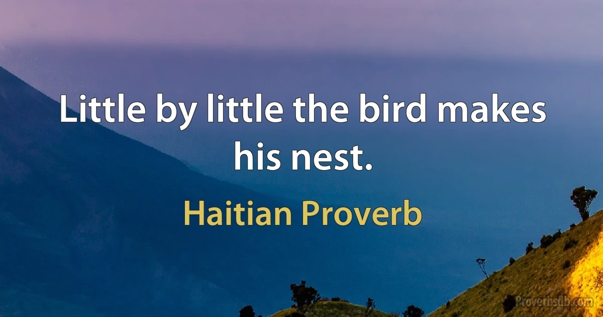 Little by little the bird makes his nest. (Haitian Proverb)