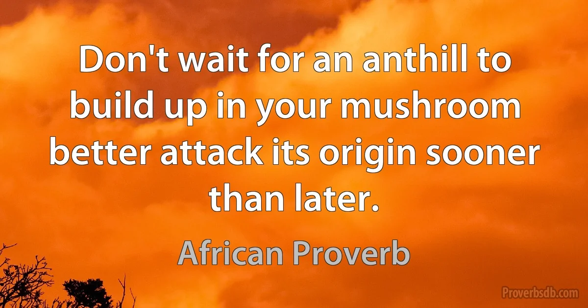 Don't wait for an anthill to build up in your mushroom better attack its origin sooner than later. (African Proverb)