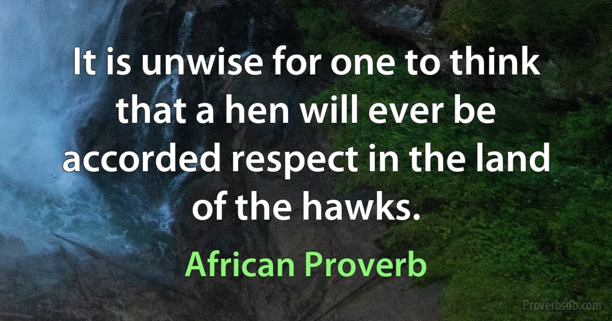 It is unwise for one to think that a hen will ever be accorded respect in the land of the hawks. (African Proverb)