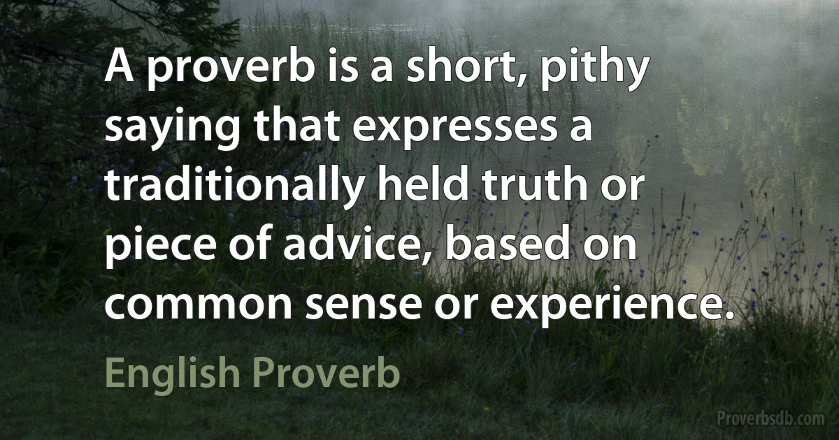 A proverb is a short, pithy saying that expresses a traditionally held truth or piece of advice, based on common sense or experience. (English Proverb)