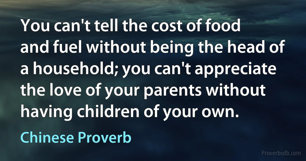 You can't tell the cost of food and fuel without being the head of a household; you can't appreciate the love of your parents without having children of your own. (Chinese Proverb)