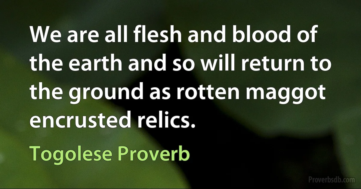 We are all flesh and blood of the earth and so will return to the ground as rotten maggot encrusted relics. (Togolese Proverb)