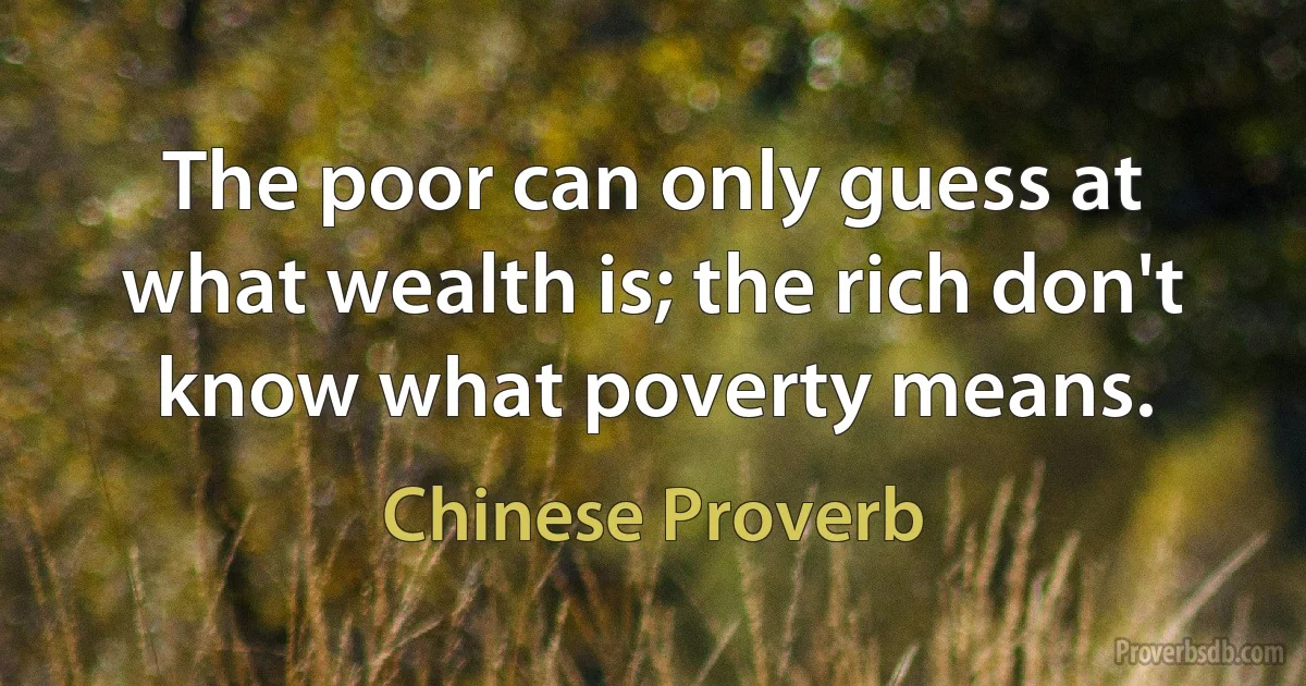 The poor can only guess at what wealth is; the rich don't know what poverty means. (Chinese Proverb)