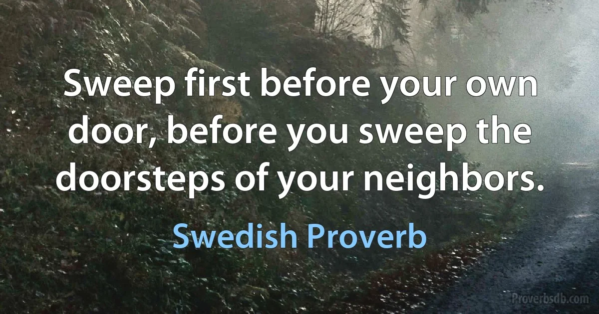 Sweep first before your own door, before you sweep the doorsteps of your neighbors. (Swedish Proverb)