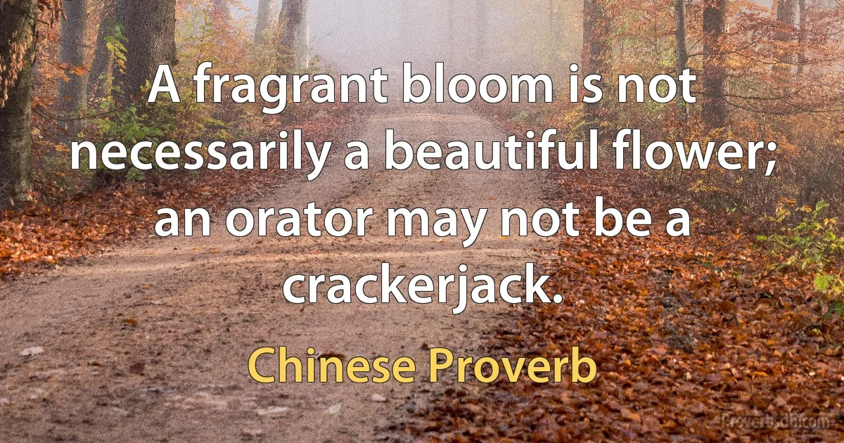 A fragrant bloom is not necessarily a beautiful flower; an orator may not be a crackerjack. (Chinese Proverb)