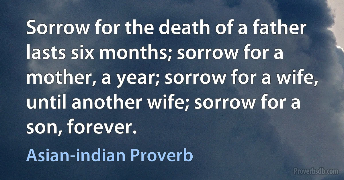 Sorrow for the death of a father lasts six months; sorrow for a mother, a year; sorrow for a wife, until another wife; sorrow for a son, forever. (Asian-indian Proverb)