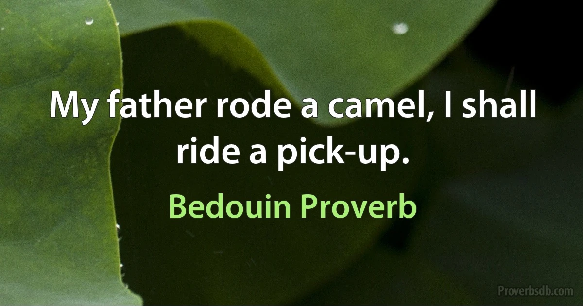 My father rode a camel, I shall ride a pick-up. (Bedouin Proverb)