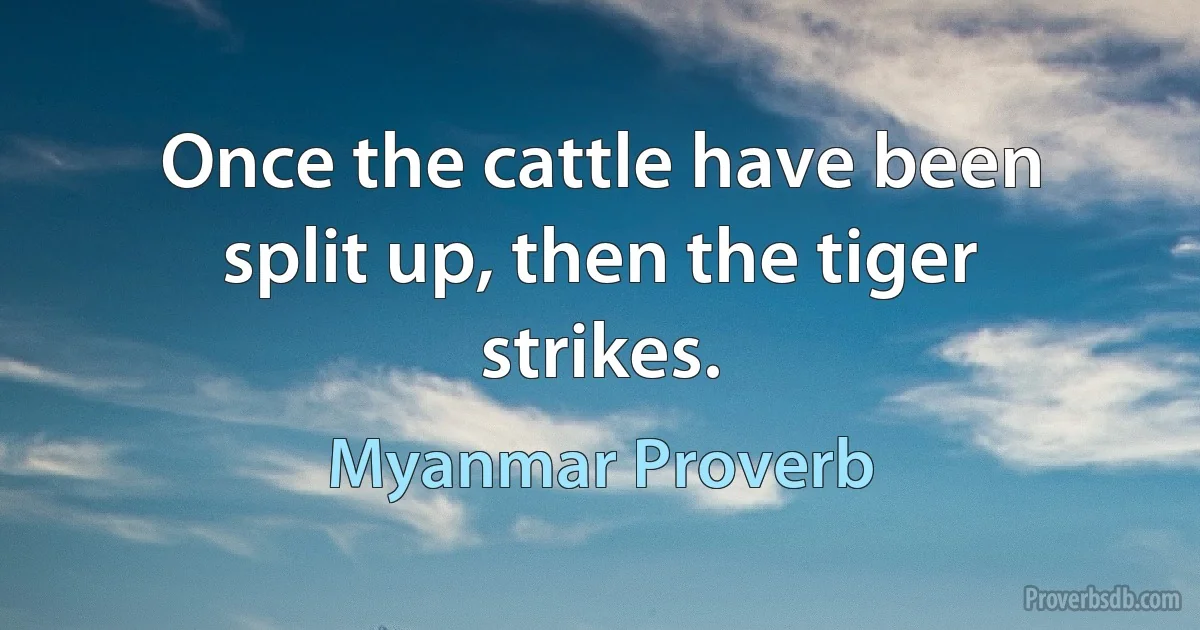 Once the cattle have been split up, then the tiger strikes. (Myanmar Proverb)