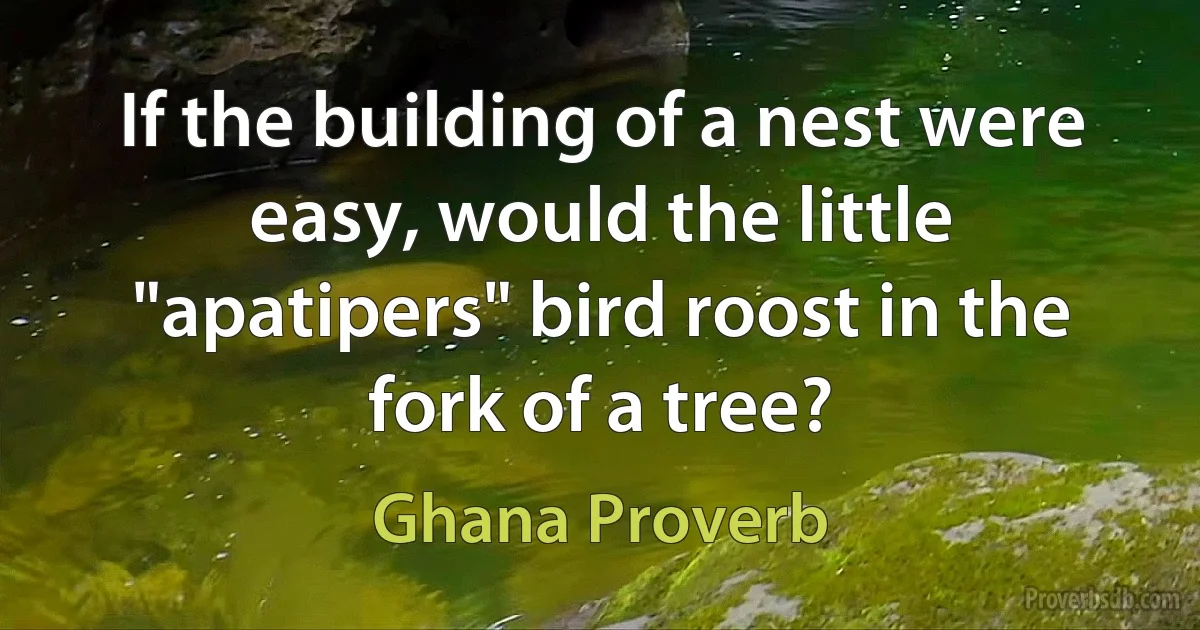 If the building of a nest were easy, would the little "apatipers" bird roost in the fork of a tree? (Ghana Proverb)