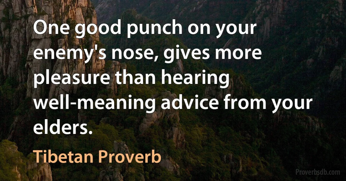 One good punch on your enemy's nose, gives more pleasure than hearing well-meaning advice from your elders. (Tibetan Proverb)