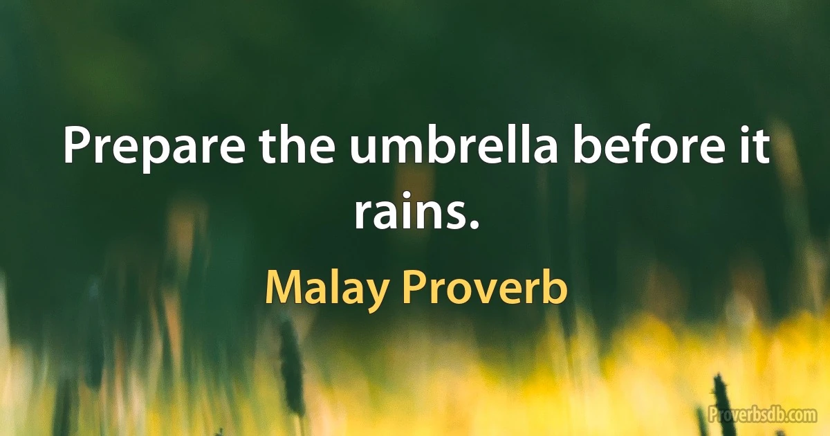 Prepare the umbrella before it rains. (Malay Proverb)