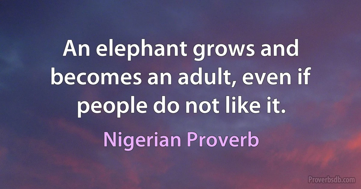 An elephant grows and becomes an adult, even if people do not like it. (Nigerian Proverb)