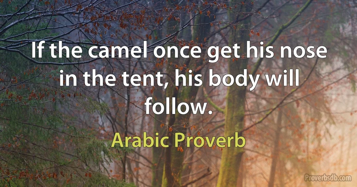 If the camel once get his nose in the tent, his body will follow. (Arabic Proverb)