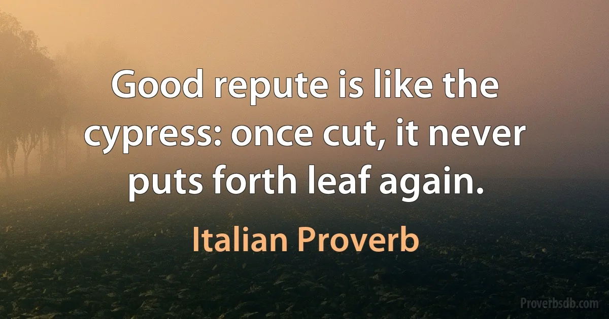 Good repute is like the cypress: once cut, it never puts forth leaf again. (Italian Proverb)