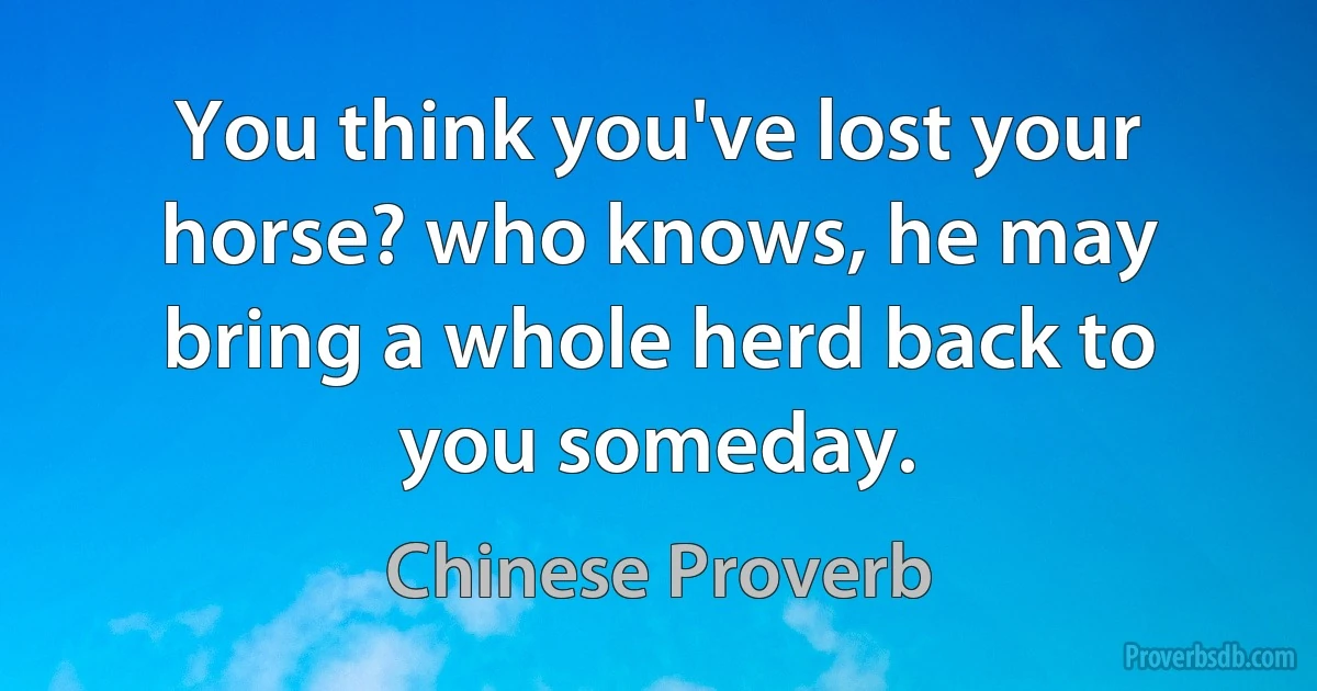 You think you've lost your horse? who knows, he may bring a whole herd back to you someday. (Chinese Proverb)