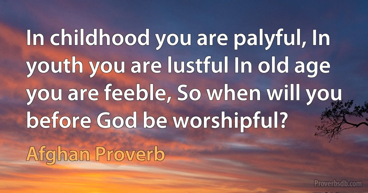 In childhood you are palyful, In youth you are lustful In old age you are feeble, So when will you before God be worshipful? (Afghan Proverb)