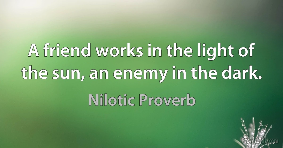 A friend works in the light of the sun, an enemy in the dark. (Nilotic Proverb)