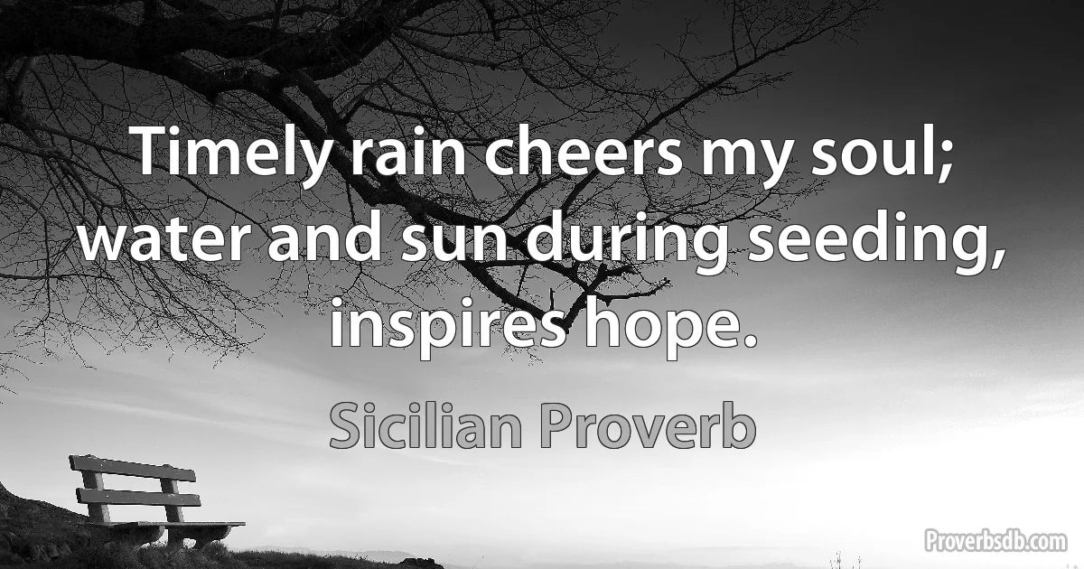 Timely rain cheers my soul; water and sun during seeding, inspires hope. (Sicilian Proverb)