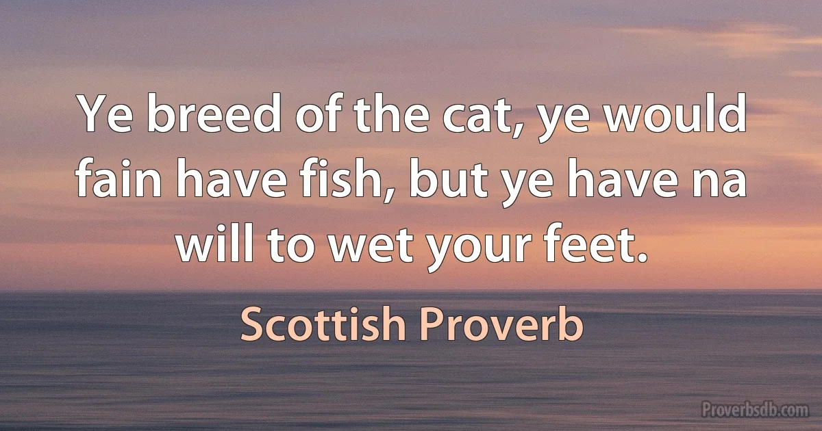 Ye breed of the cat, ye would fain have fish, but ye have na will to wet your feet. (Scottish Proverb)