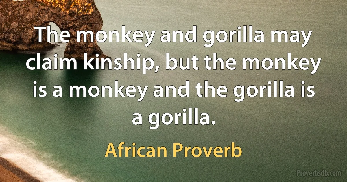 The monkey and gorilla may claim kinship, but the monkey is a monkey and the gorilla is a gorilla. (African Proverb)