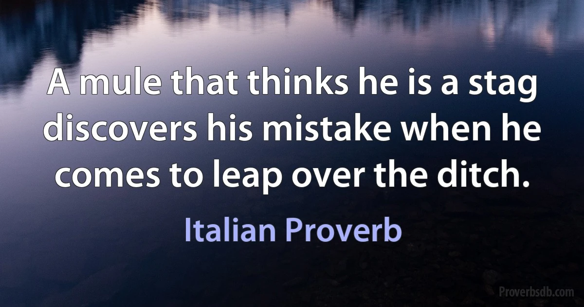 A mule that thinks he is a stag discovers his mistake when he comes to leap over the ditch. (Italian Proverb)