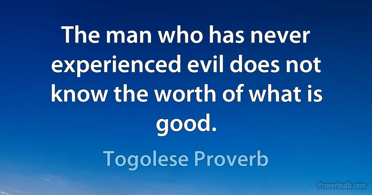 The man who has never experienced evil does not know the worth of what is good. (Togolese Proverb)