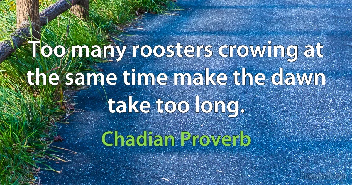 Too many roosters crowing at the same time make the dawn take too long. (Chadian Proverb)