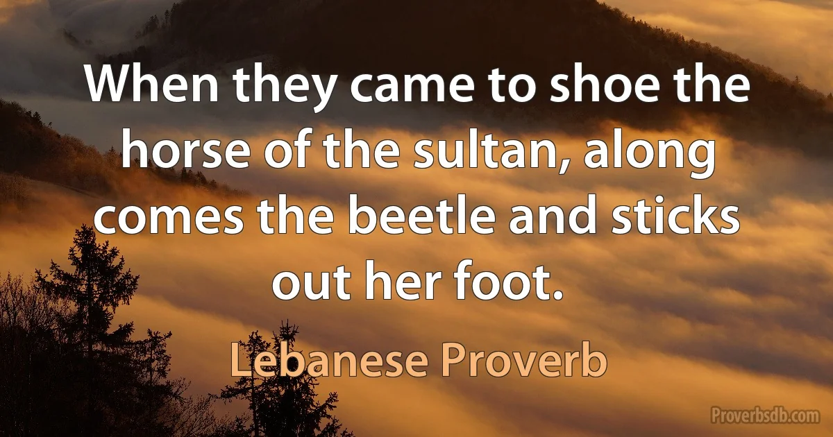 When they came to shoe the horse of the sultan, along comes the beetle and sticks out her foot. (Lebanese Proverb)