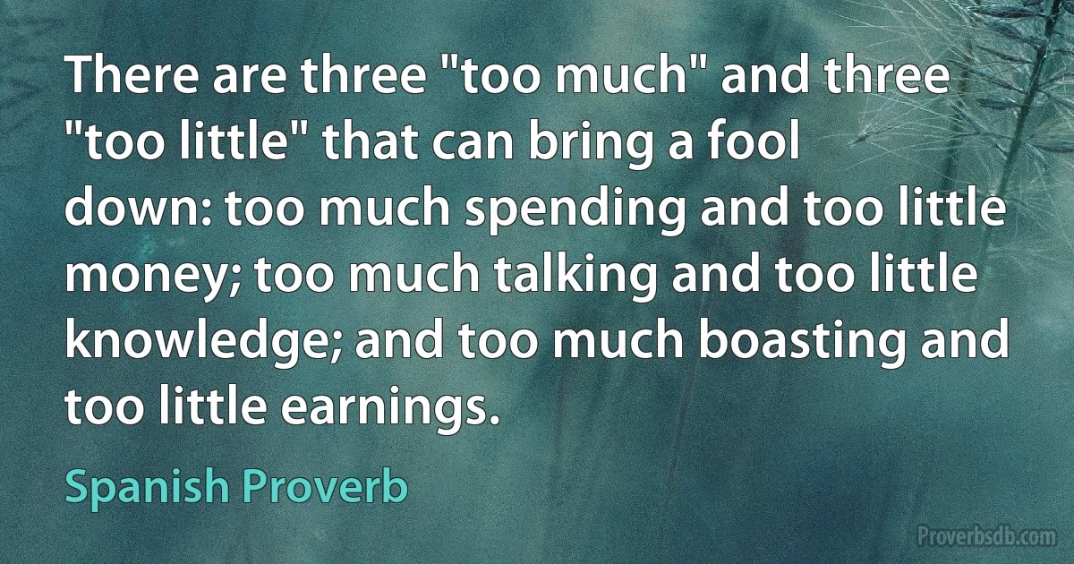 There are three "too much" and three "too little" that can bring a fool down: too much spending and too little money; too much talking and too little knowledge; and too much boasting and too little earnings. (Spanish Proverb)