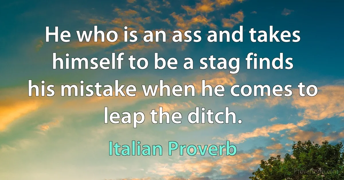 He who is an ass and takes himself to be a stag finds his mistake when he comes to leap the ditch. (Italian Proverb)