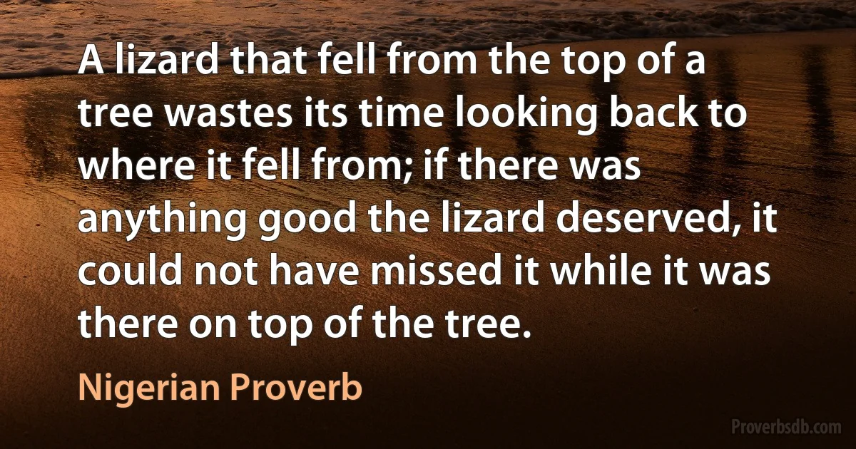 A lizard that fell from the top of a tree wastes its time looking back to where it fell from; if there was anything good the lizard deserved, it could not have missed it while it was there on top of the tree. (Nigerian Proverb)