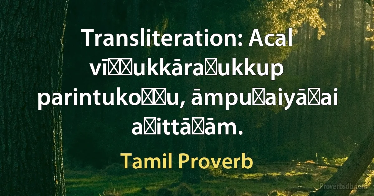 Transliteration: Acal vīṭṭukkāraṉukkup parintukoṇṭu, āmpuṭaiyāṉai aṭittāḷām. (Tamil Proverb)