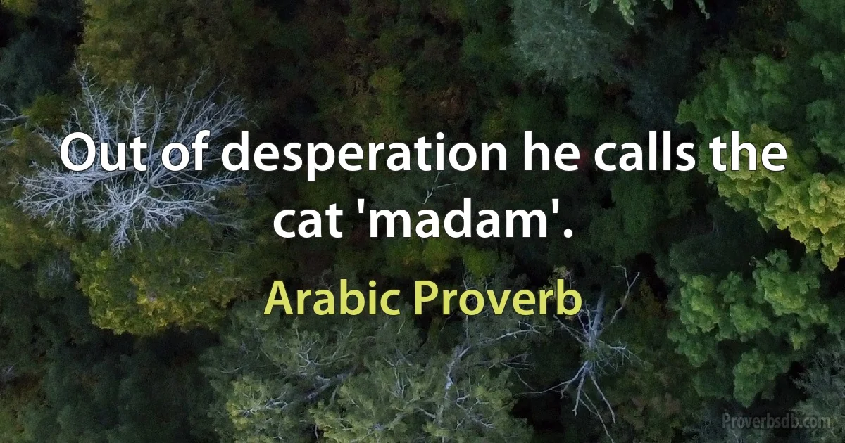 Out of desperation he calls the cat 'madam'. (Arabic Proverb)