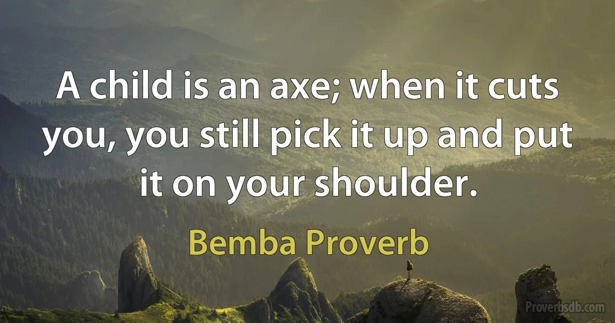 A child is an axe; when it cuts you, you still pick it up and put it on your shoulder. (Bemba Proverb)