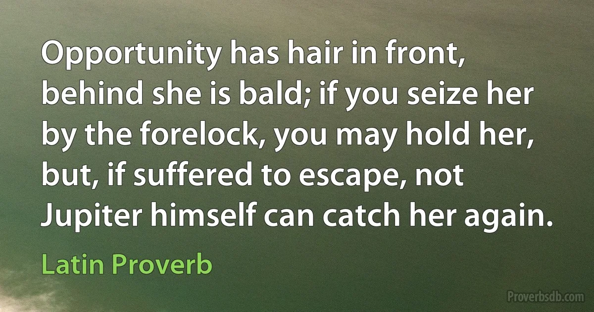 Opportunity has hair in front, behind she is bald; if you seize her by the forelock, you may hold her, but, if suffered to escape, not Jupiter himself can catch her again. (Latin Proverb)