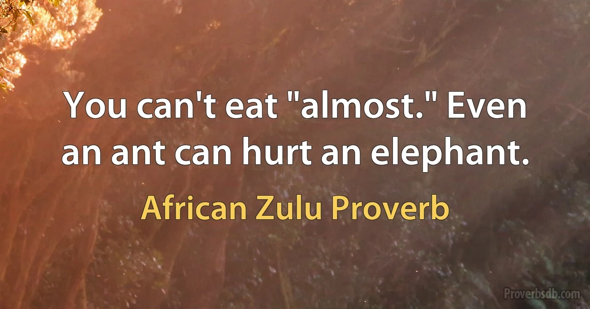 You can't eat "almost." Even an ant can hurt an elephant. (African Zulu Proverb)