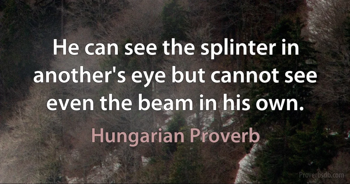 He can see the splinter in another's eye but cannot see even the beam in his own. (Hungarian Proverb)