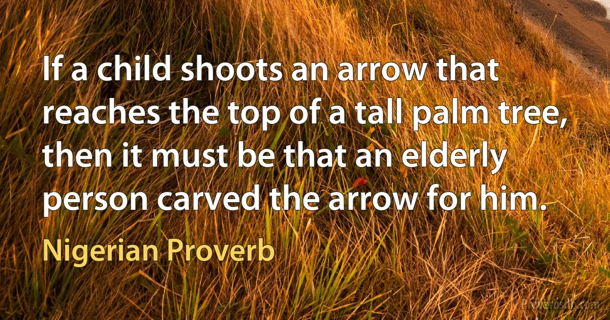 If a child shoots an arrow that reaches the top of a tall palm tree, then it must be that an elderly person carved the arrow for him. (Nigerian Proverb)