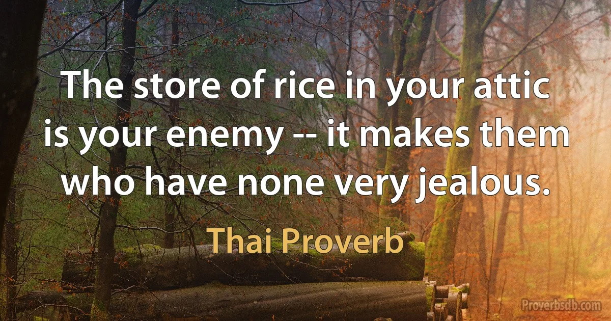 The store of rice in your attic is your enemy -- it makes them who have none very jealous. (Thai Proverb)