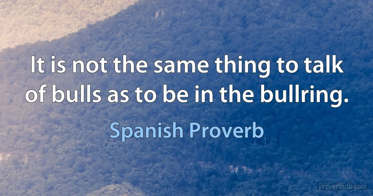 It is not the same thing to talk of bulls as to be in the bullring. (Spanish Proverb)